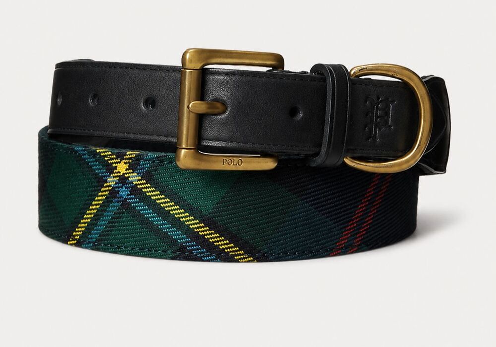 Men's Polo Ralph Lauren Leather-Trim Tartan Plaid Belt Size 38